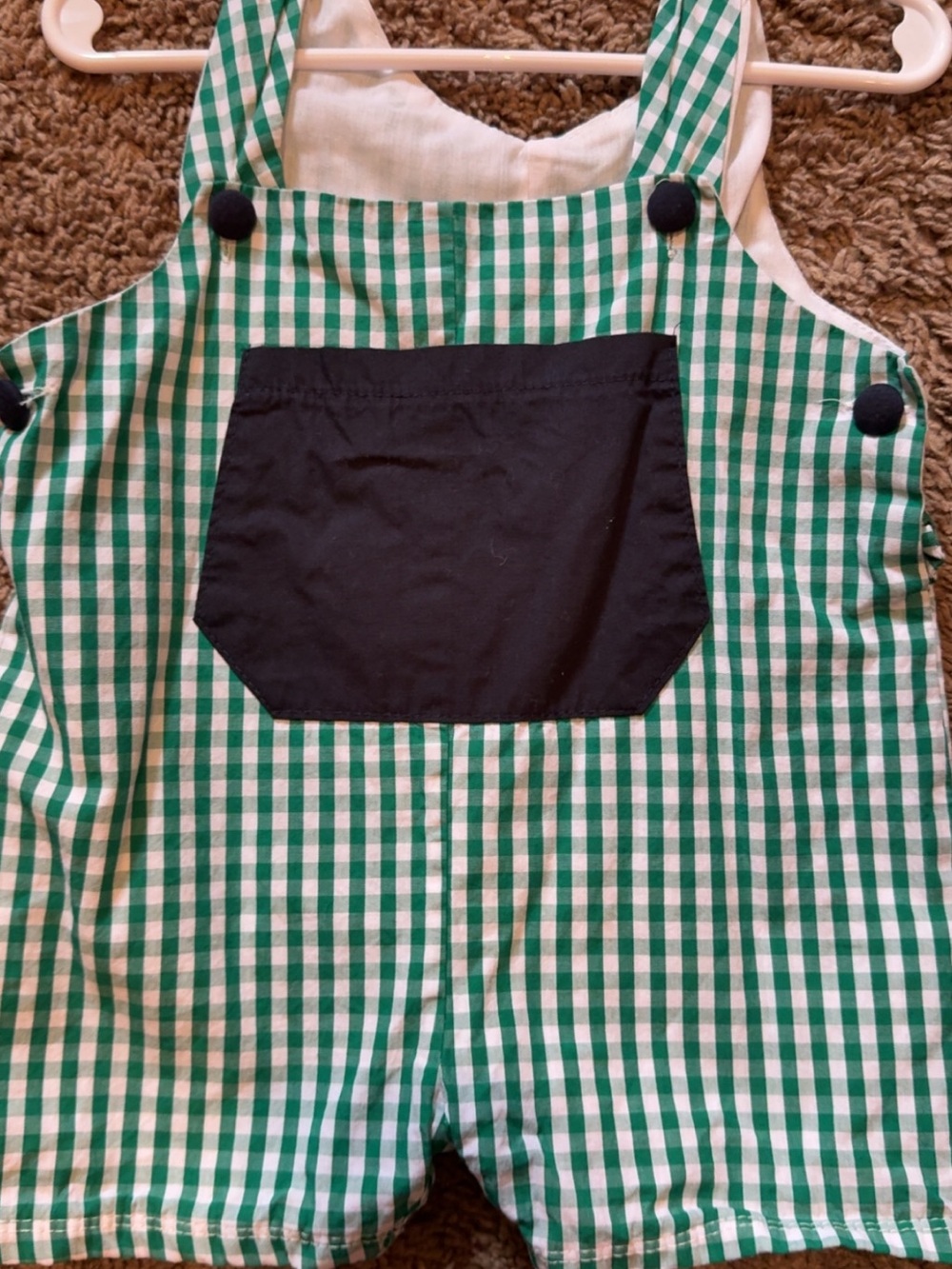 Green Gingham Kids One-Piece Shortall with navy Pocket